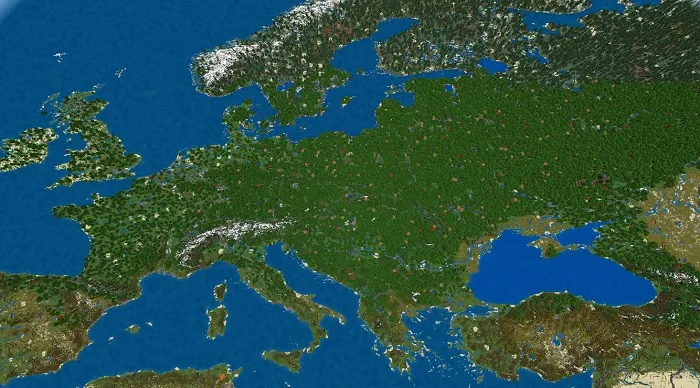 Europe on the 1:4000 scale Earth map for Minecraft