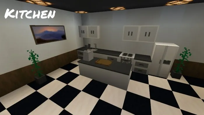 Kitchen set and household appliances from the furniture addon for Minecraft PE