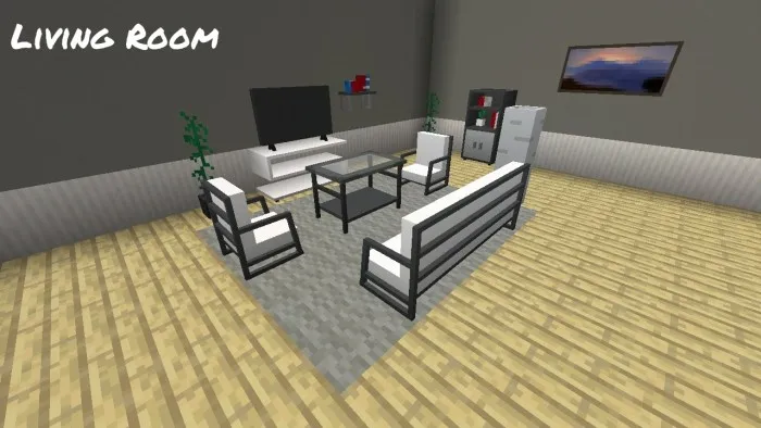 Living room area with sofa, TV and furniture from the Minecraft PE addon