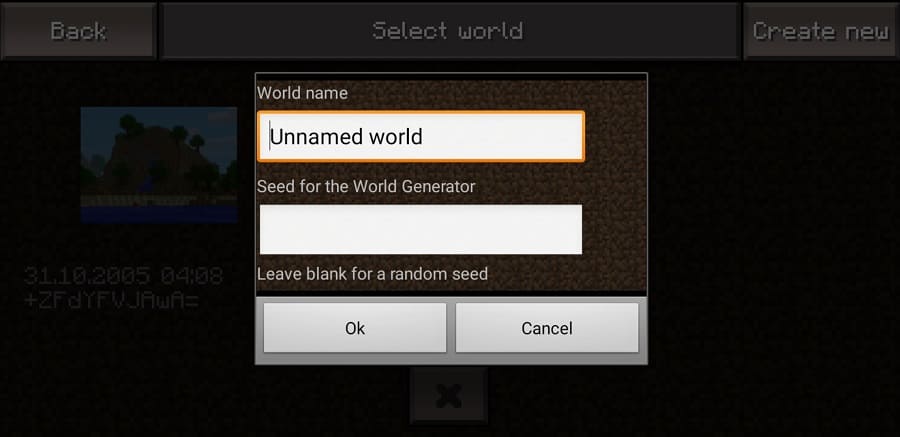 Вид окна создания мира в Майнкрафт 0.1.1