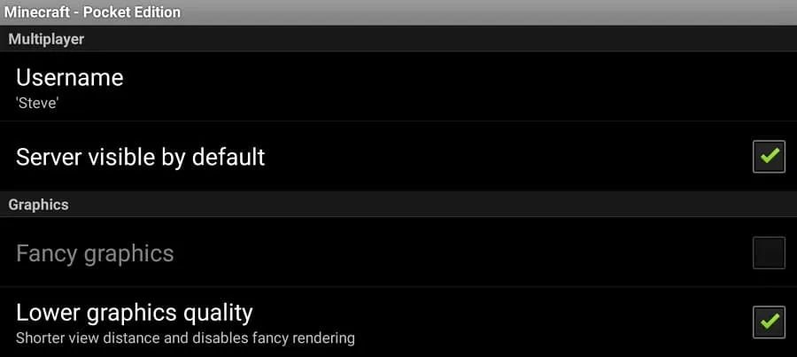 Settings window in Minecraft 0.1.1