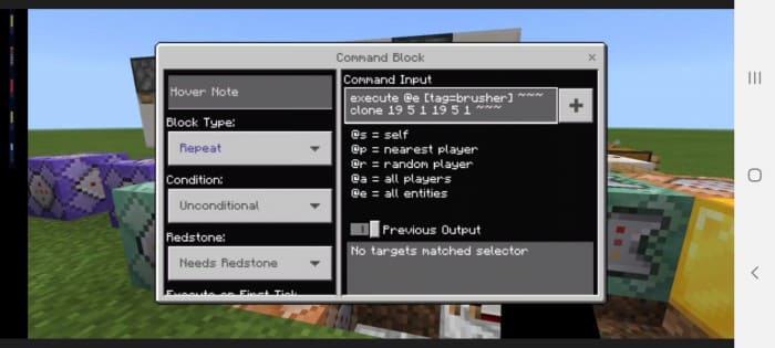 The interface of the command block in Minecraft