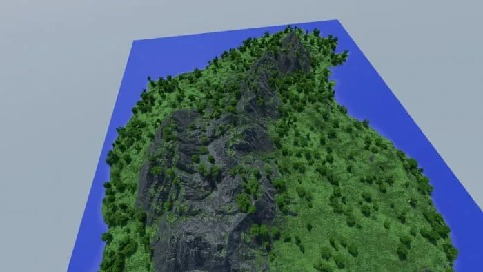 View of the map with the island and forests from above