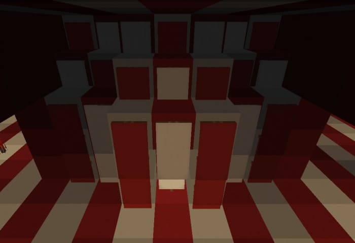 A room with white and red blocks