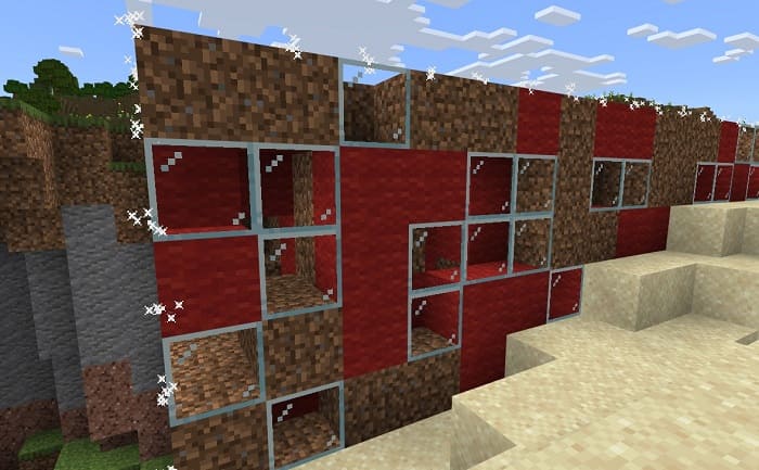 Blocks of dirt, red wool and glass