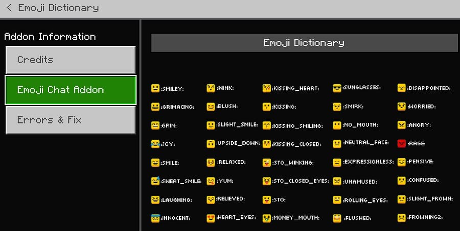 All available emoticons in Minecraft