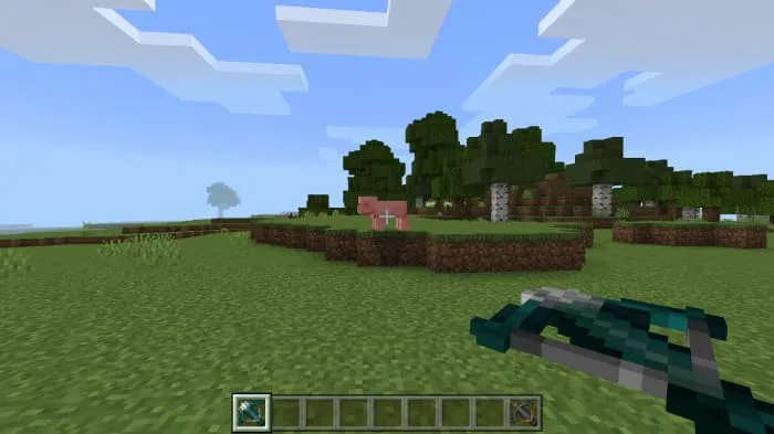 The crossbow is pointed at the pig