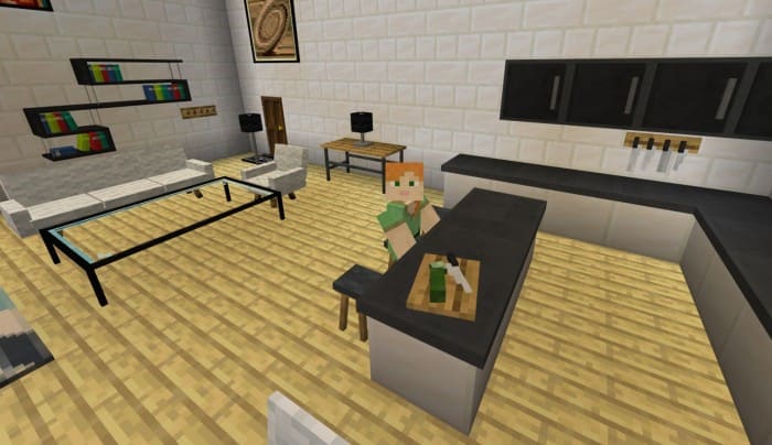 The player sits in the kitchen