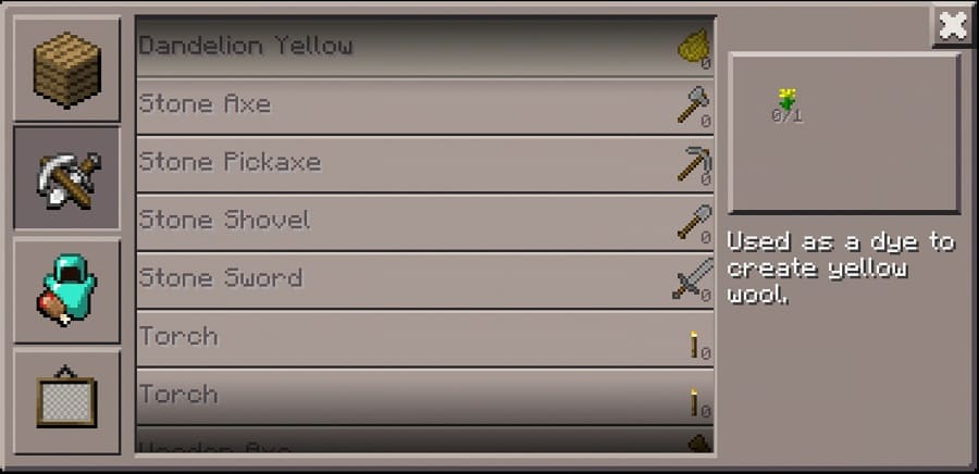 Workbench interface in MCPE 0.3.0