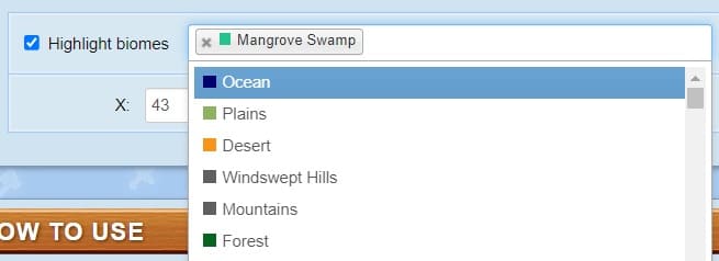 Selecting the desired biome in the list