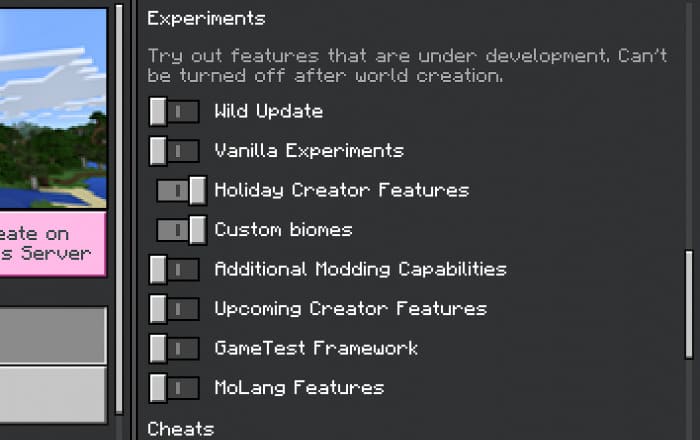Enabling experiments for the mod