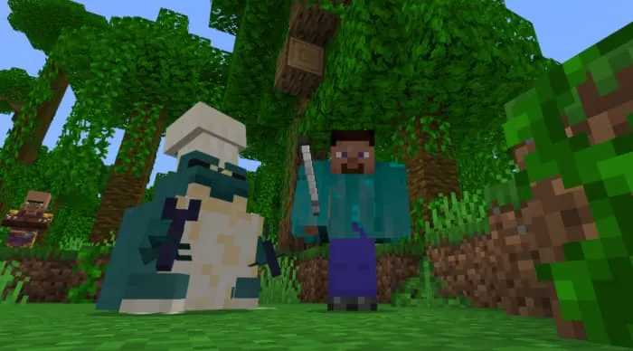 A cook frog and a player in armor