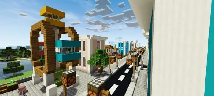 A city street with streetlights