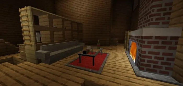 A room with a table and a fireplace