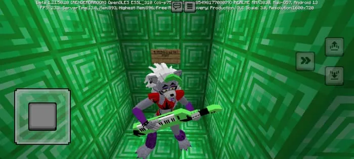 Roxy in a room made of emerald blocks