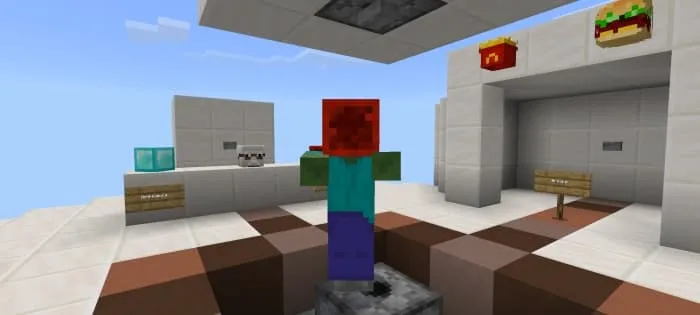 A zombie with a block of red rock on his head