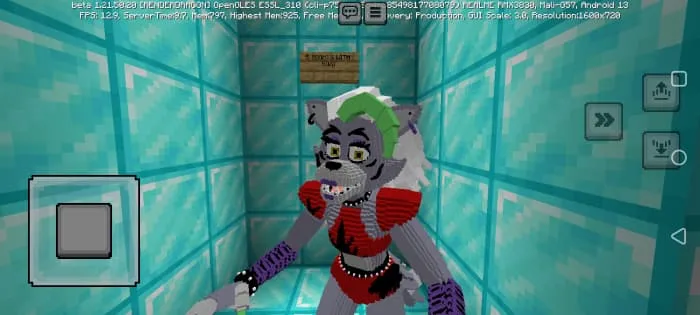 Roxy in a room made of diamond blocks