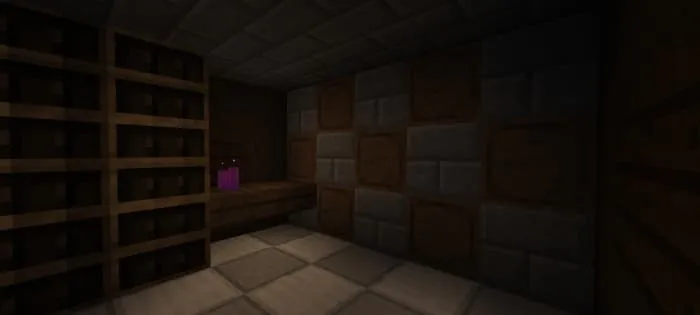 A dark room with empty shelves